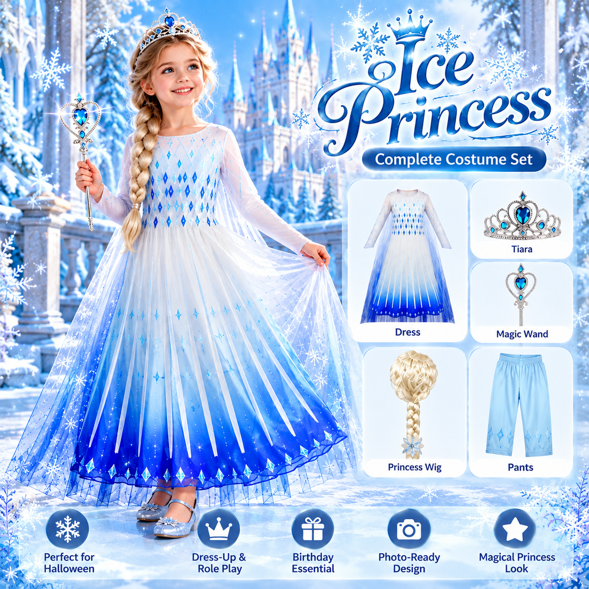Girls Ice Princess Costume Dress ā Blue Winter Fantasy Long Sleeve Dress for Halloween, Cosplay & Dress-Up