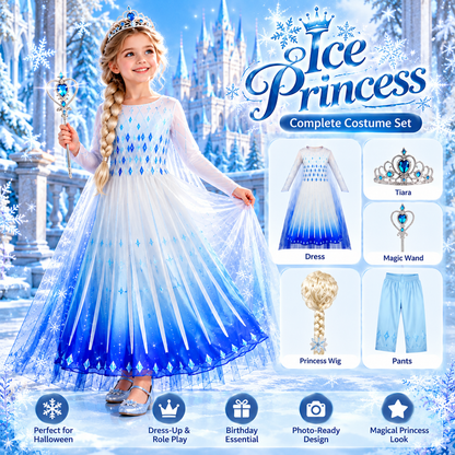 Girls Ice Princess Costume Dress – Blue Winter Fantasy Long Sleeve Dress for Halloween, Cosplay & Dress-Up