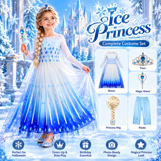 Girls Ice Princess Costume Dress – Blue Winter Fantasy Long Sleeve Dress for Halloween, Cosplay & Dress-Up